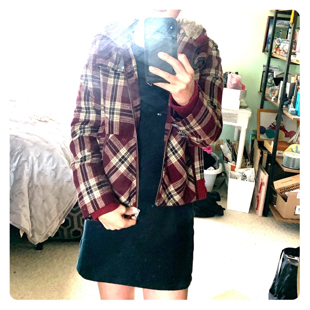 RVCA burgundy plaid jacket with fur hoodie